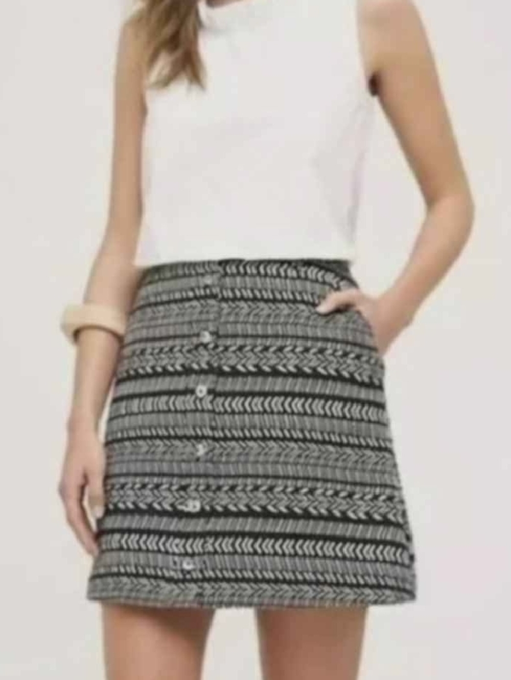 Classic Black & White Button-Front A-Line Skirt